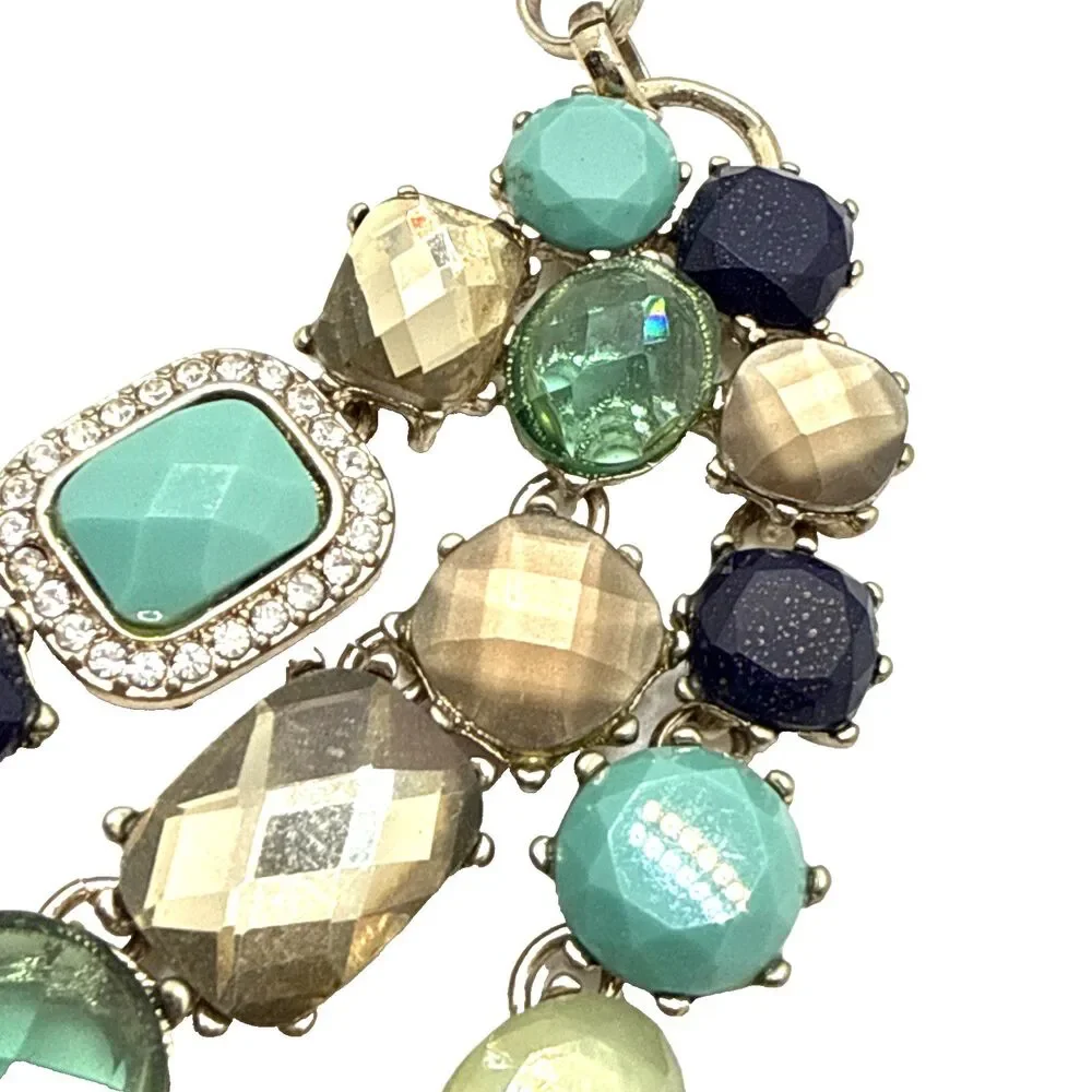 DANA BUCHMAN Teal Blue Beige Rhinestone Bib Necklace Multistrand 16